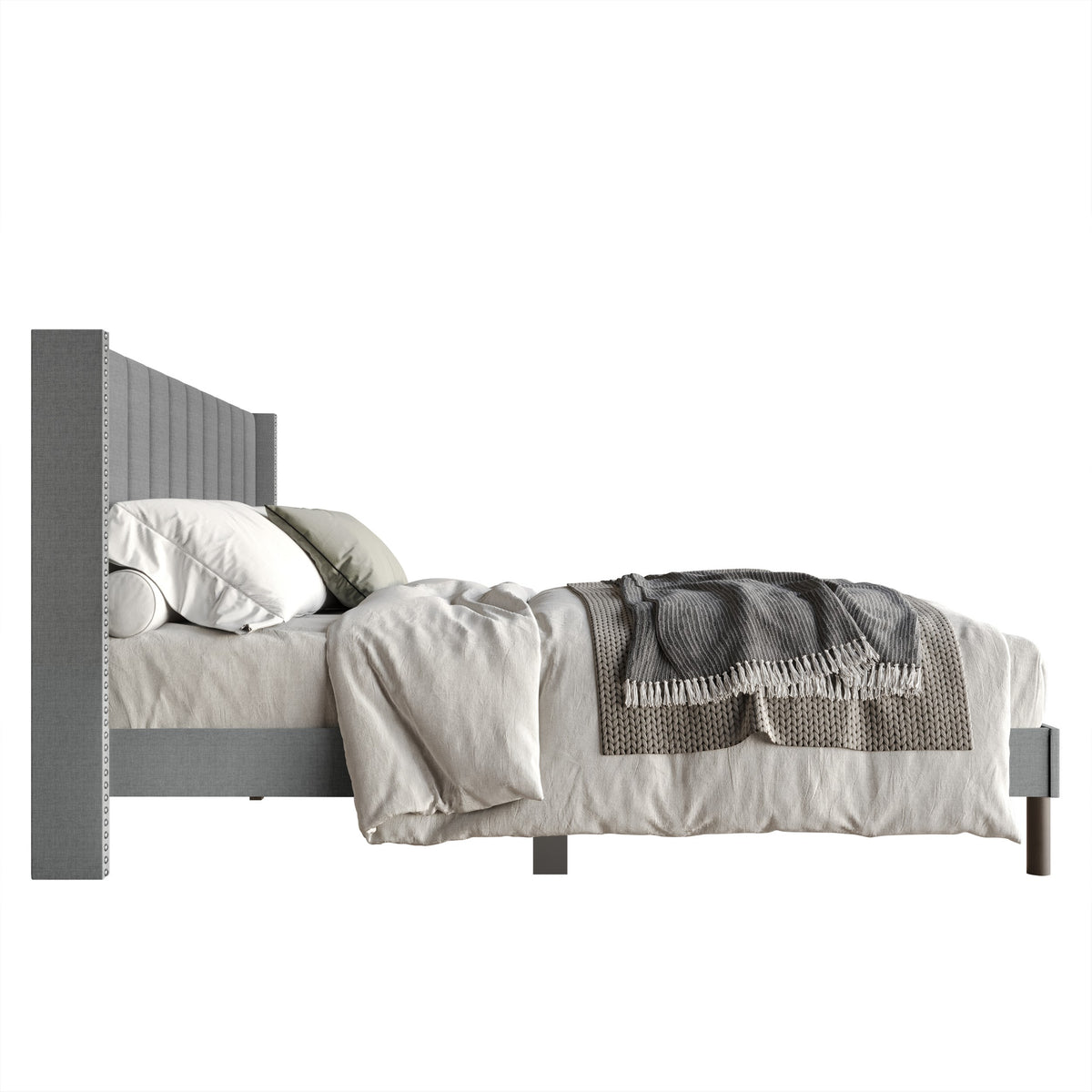 Home Design Odessa Linen Upholstered Wingback Panel Bed Frame for Adult, Easy Assembly