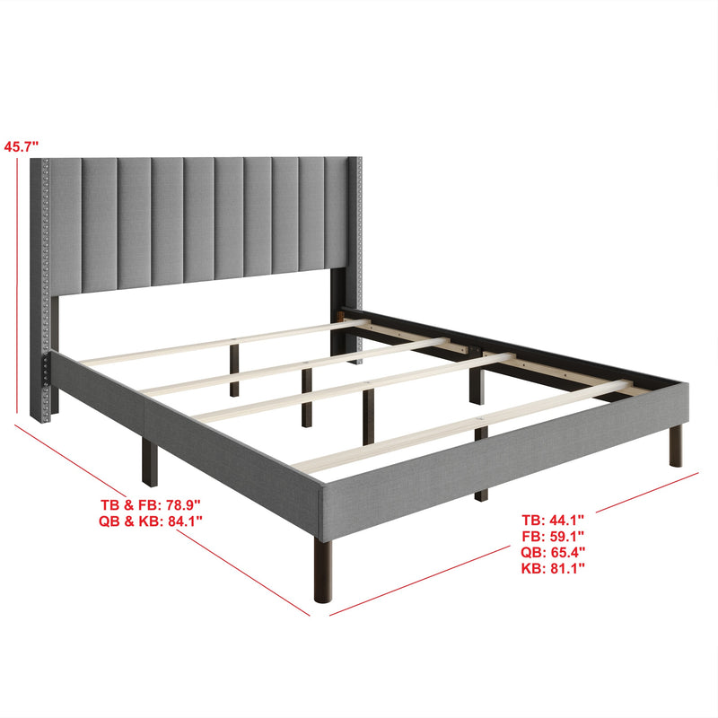 Home Design Odessa Linen Upholstered Wingback Panel Bed Frame for Adult, Easy Assembly