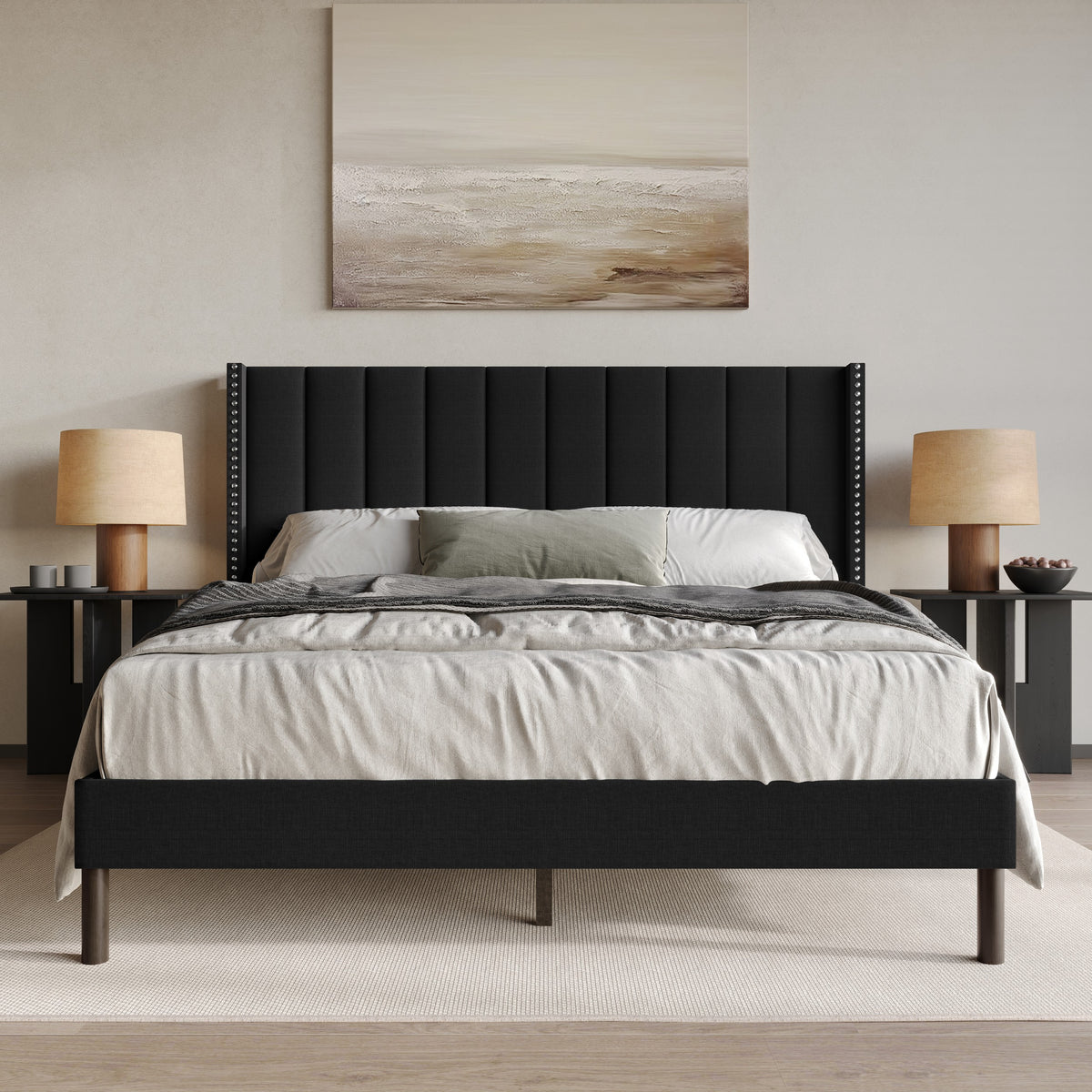 Home Design Odessa Linen Upholstered Wingback Panel Bed Frame for Adult, Easy Assembly