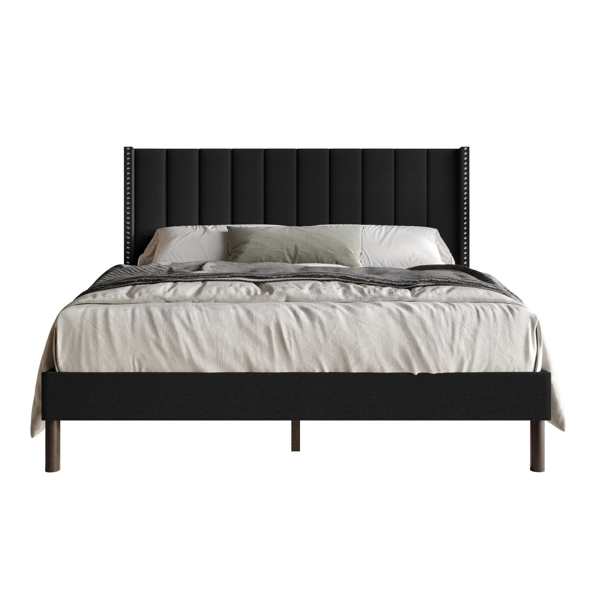 Home Design Odessa Linen Upholstered Wingback Panel Bed Frame for Adult, Easy Assembly