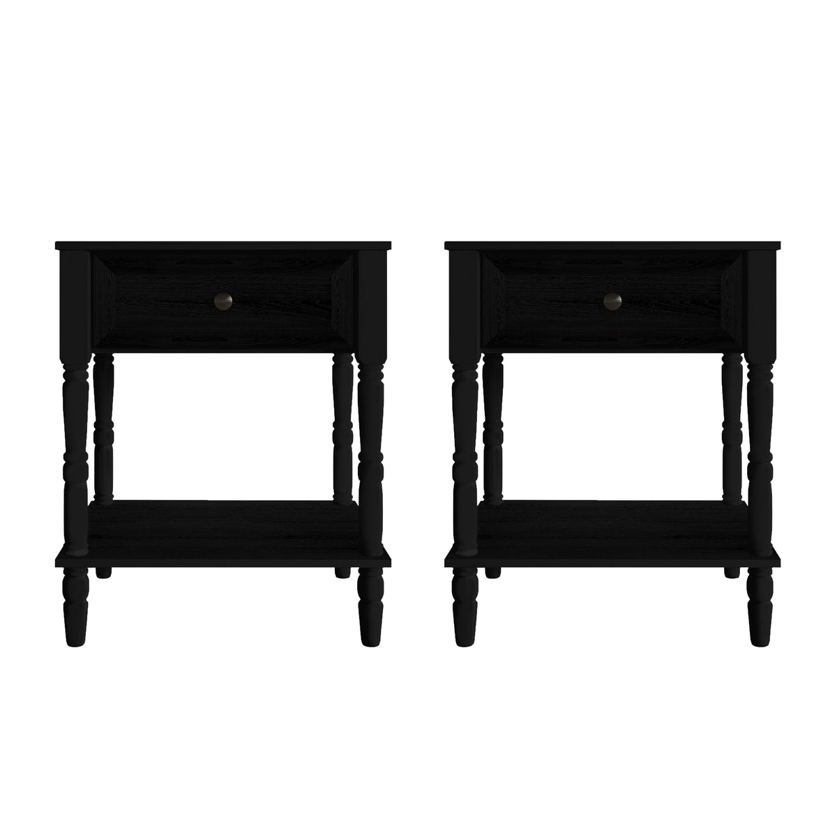 Ruston 1 Drawer Nightstand Set of 2 with Vintage-Inspired Detailing and Turned Legs, Rich Woodgrain