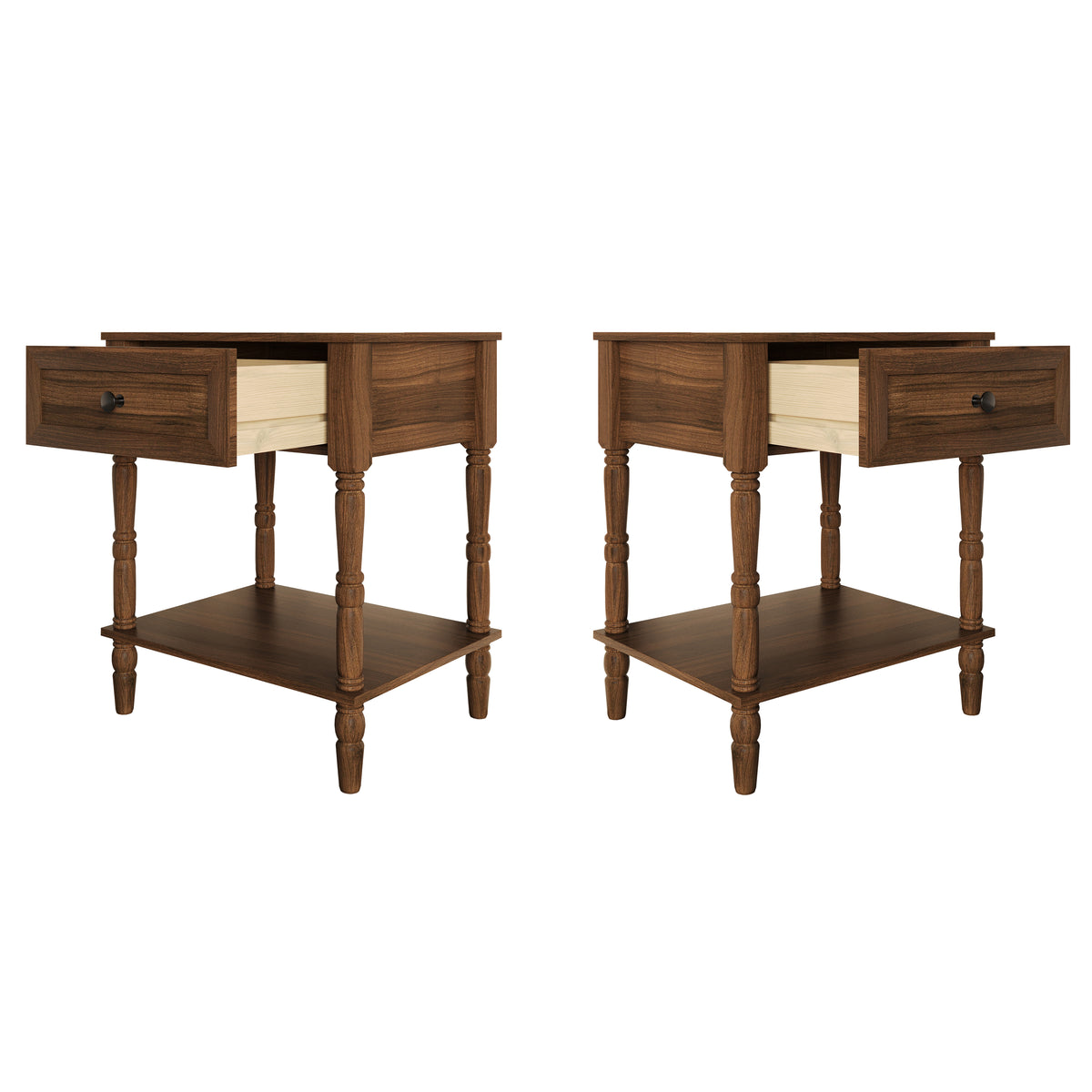 Ruston 1 Drawer Nightstand Set of 2 with Vintage-Inspired Detailing and Turned Legs, Rich Woodgrain