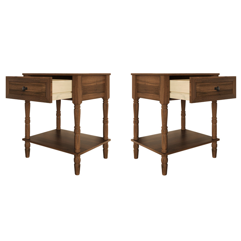 Ruston 1 Drawer Nightstand Set of 2 with Vintage-Inspired Detailing and Turned Legs, Rich Woodgrain