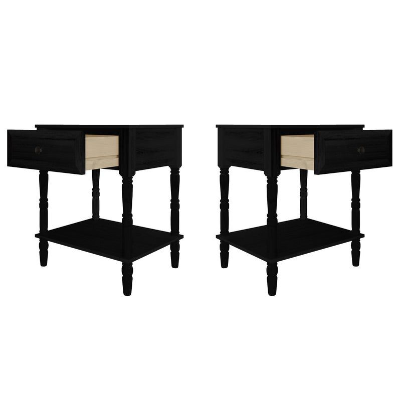 Ruston 1 Drawer Nightstand Set of 2 with Vintage-Inspired Detailing and Turned Legs, Rich Woodgrain