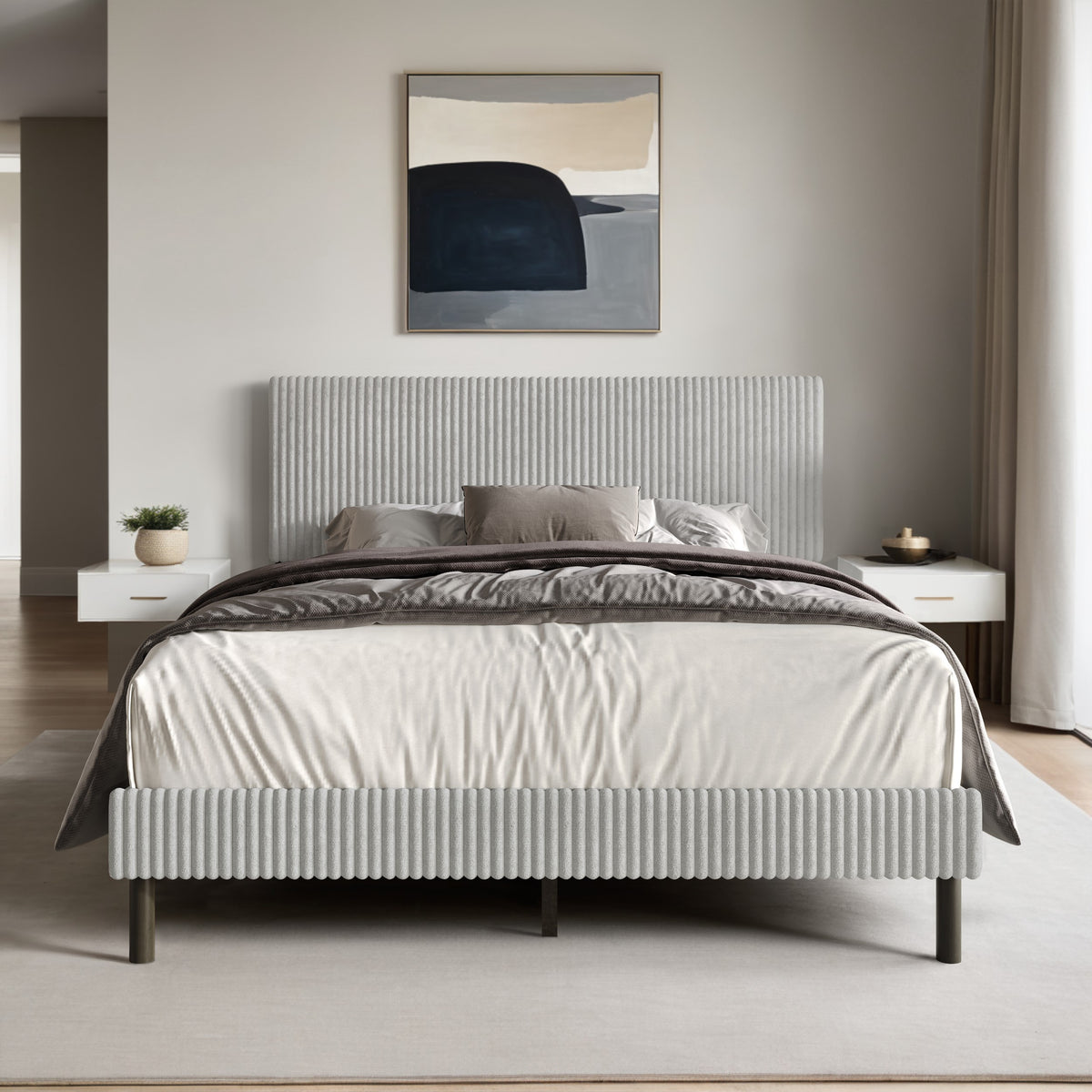 Home Design Osceola Luxurious Corduroy Upholstered Panel Bed Frame for Adult, Easy Assembly, Box spring Required (Sold Separately)