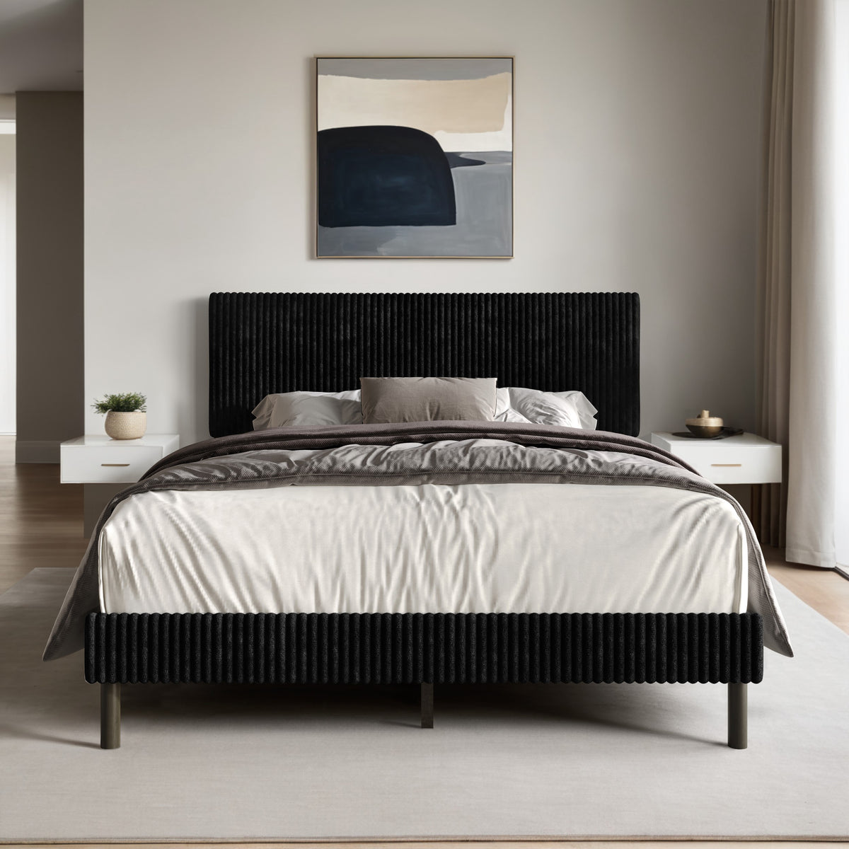 Home Design Osceola Luxurious Corduroy Upholstered Panel Bed Frame for Adult, Easy Assembly, Box spring Required (Sold Separately)
