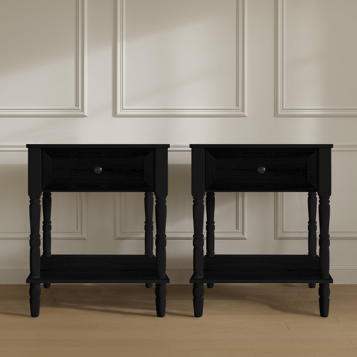 Ruston 1 Drawer Nightstand Set of 2 with Vintage-Inspired Detailing and Turned Legs, Rich Woodgrain