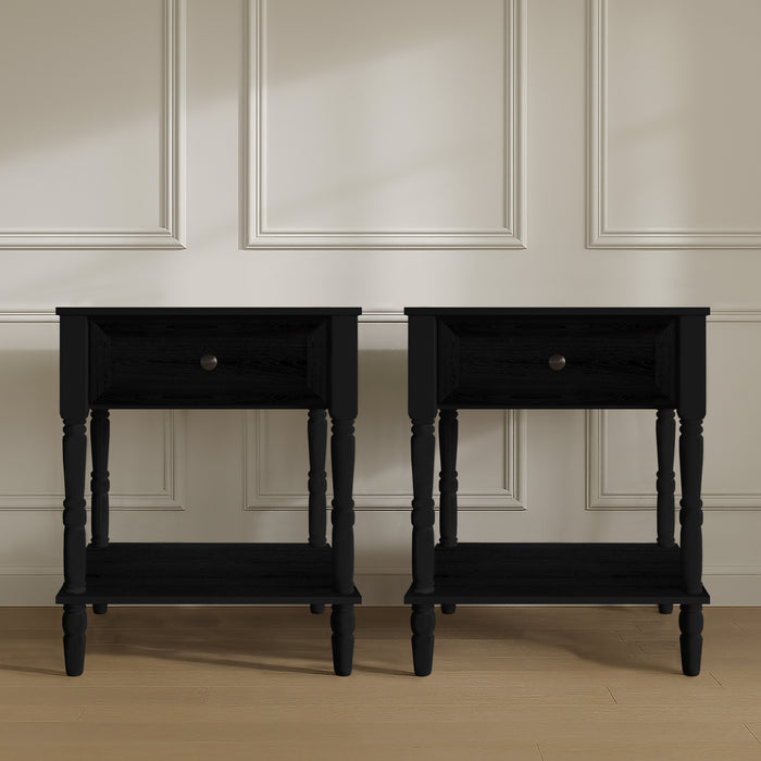 Ruston 1 Drawer Nightstand Set of 2 with Vintage-Inspired Detailing and Turned Legs, Rich Woodgrain
