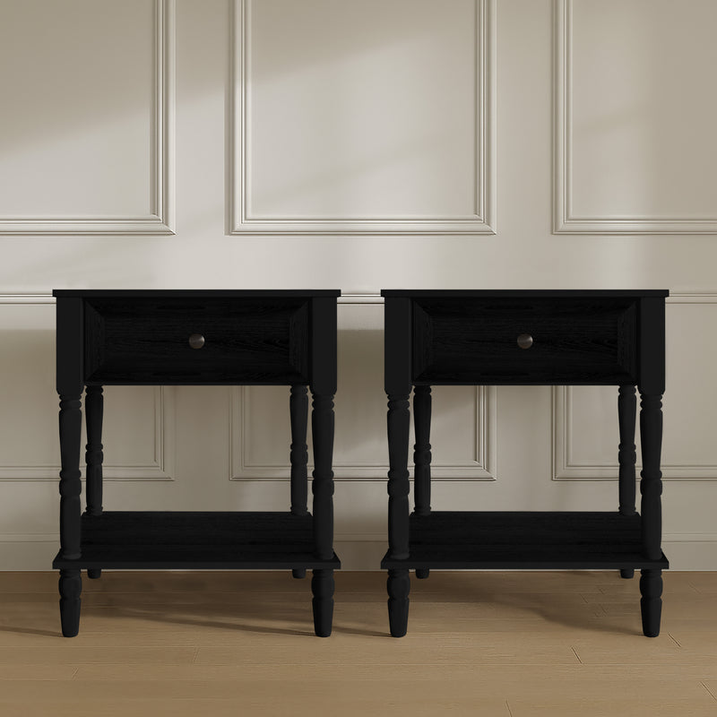 Ruston 1 Drawer Nightstand Set of 2 with Vintage-Inspired Detailing and Turned Legs, Rich Woodgrain