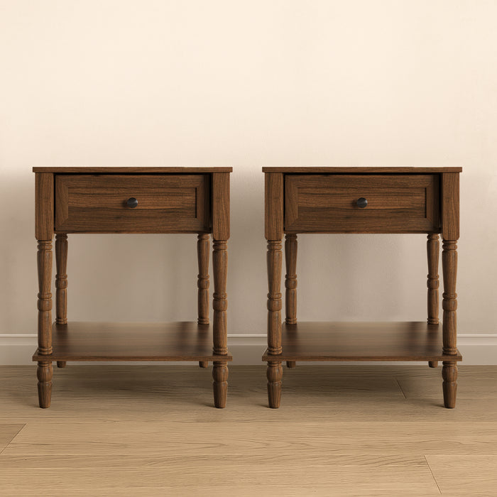 Ruston 1 Drawer Nightstand Set of 2 with Vintage-Inspired Detailing and Turned Legs, Rich Woodgrain