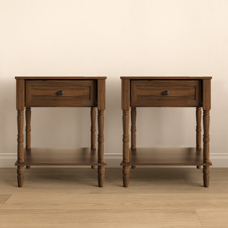 Ruston 1 Drawer Nightstand Set of 2 with Vintage-Inspired Detailing and Turned Legs, Rich Woodgrain