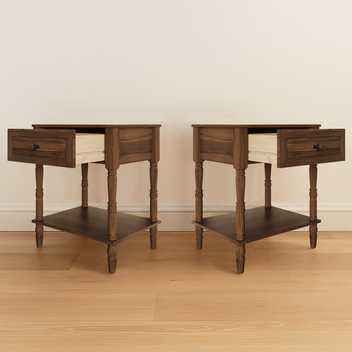 Ruston 1 Drawer Nightstand Set of 2 with Vintage-Inspired Detailing and Turned Legs, Rich Woodgrain