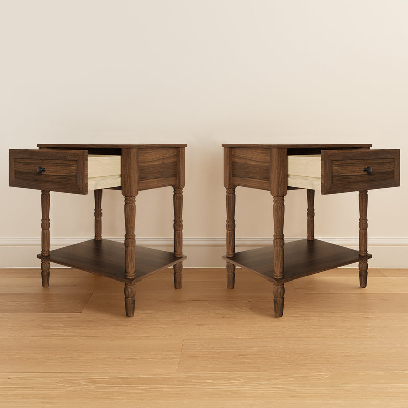 Ruston 1 Drawer Nightstand Set of 2 with Vintage-Inspired Detailing and Turned Legs, Rich Woodgrain