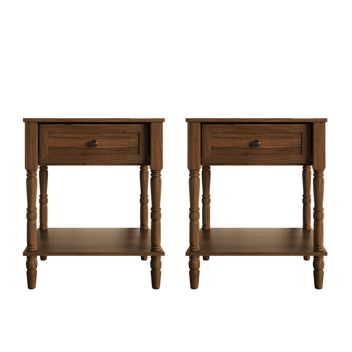 Ruston 1 Drawer Nightstand Set of 2 with Vintage-Inspired Detailing and Turned Legs, Rich Woodgrain