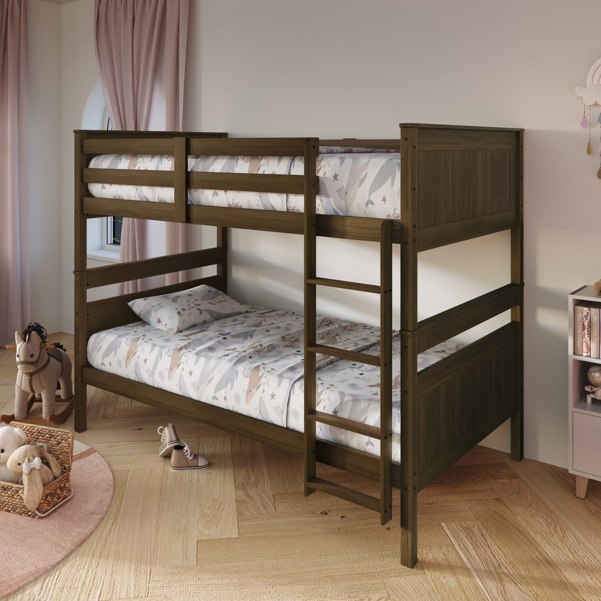Home Design Lorain Twin Over Twin Solid Wood Bunk Bed with Sturdy Guardrails and Ladder, Easy Assembly