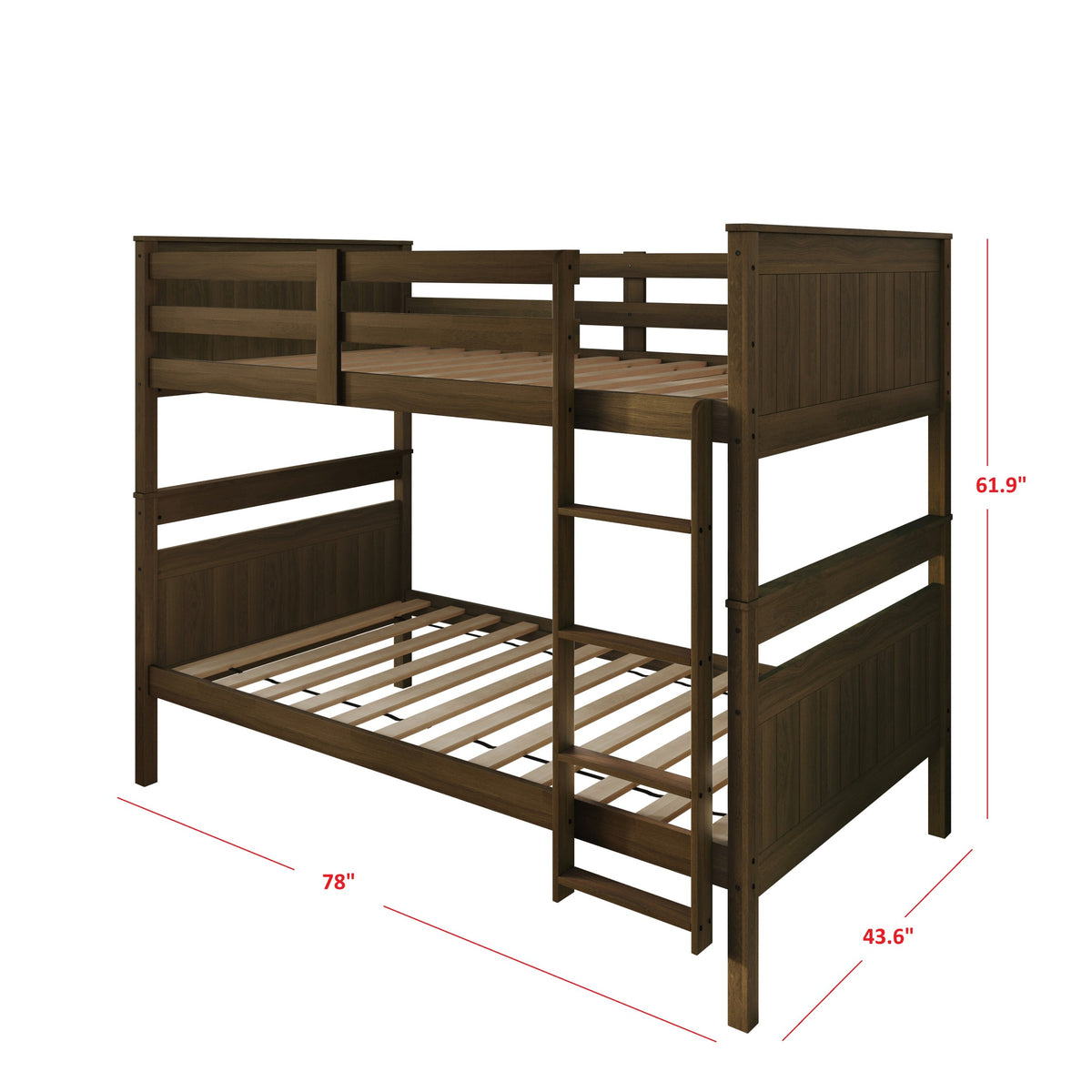 Home Design Lorain Twin Over Twin Solid Wood Bunk Bed with Sturdy Guardrails and Ladder, Easy Assembly