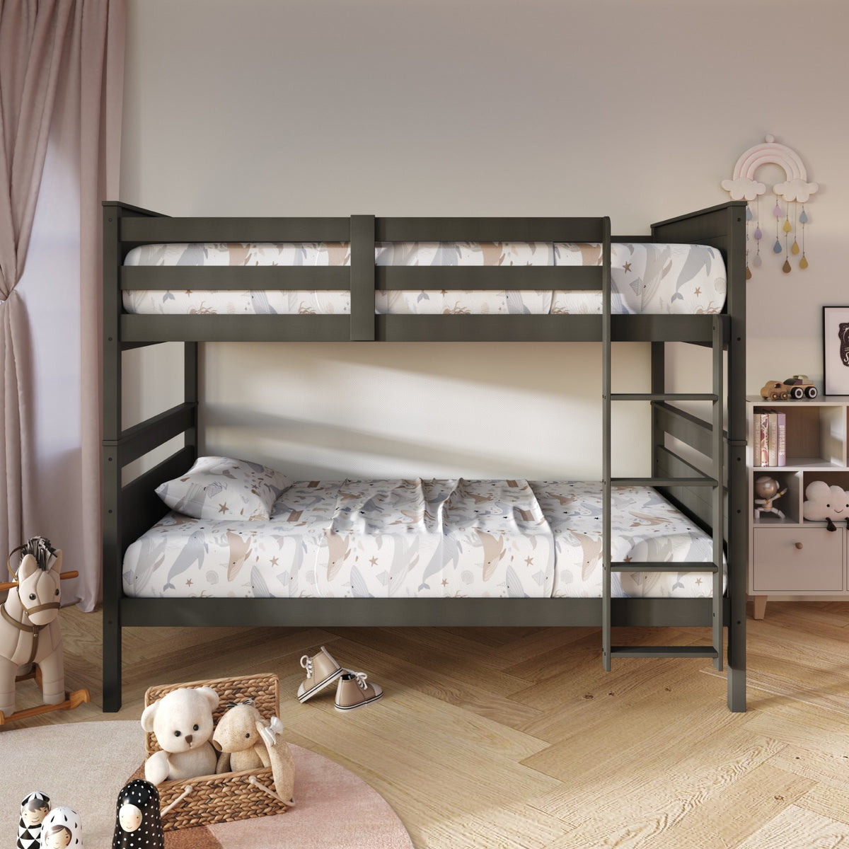 Home Design Lorain Twin Over Twin Solid Wood Bunk Bed with Sturdy Guardrails and Ladder, Easy Assembly