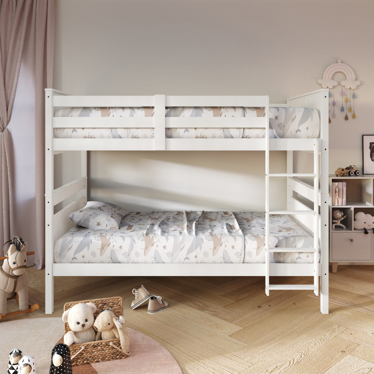 Home Design Lorain Twin Over Twin Solid Wood Bunk Bed with Sturdy Guardrails and Ladder, Easy Assembly