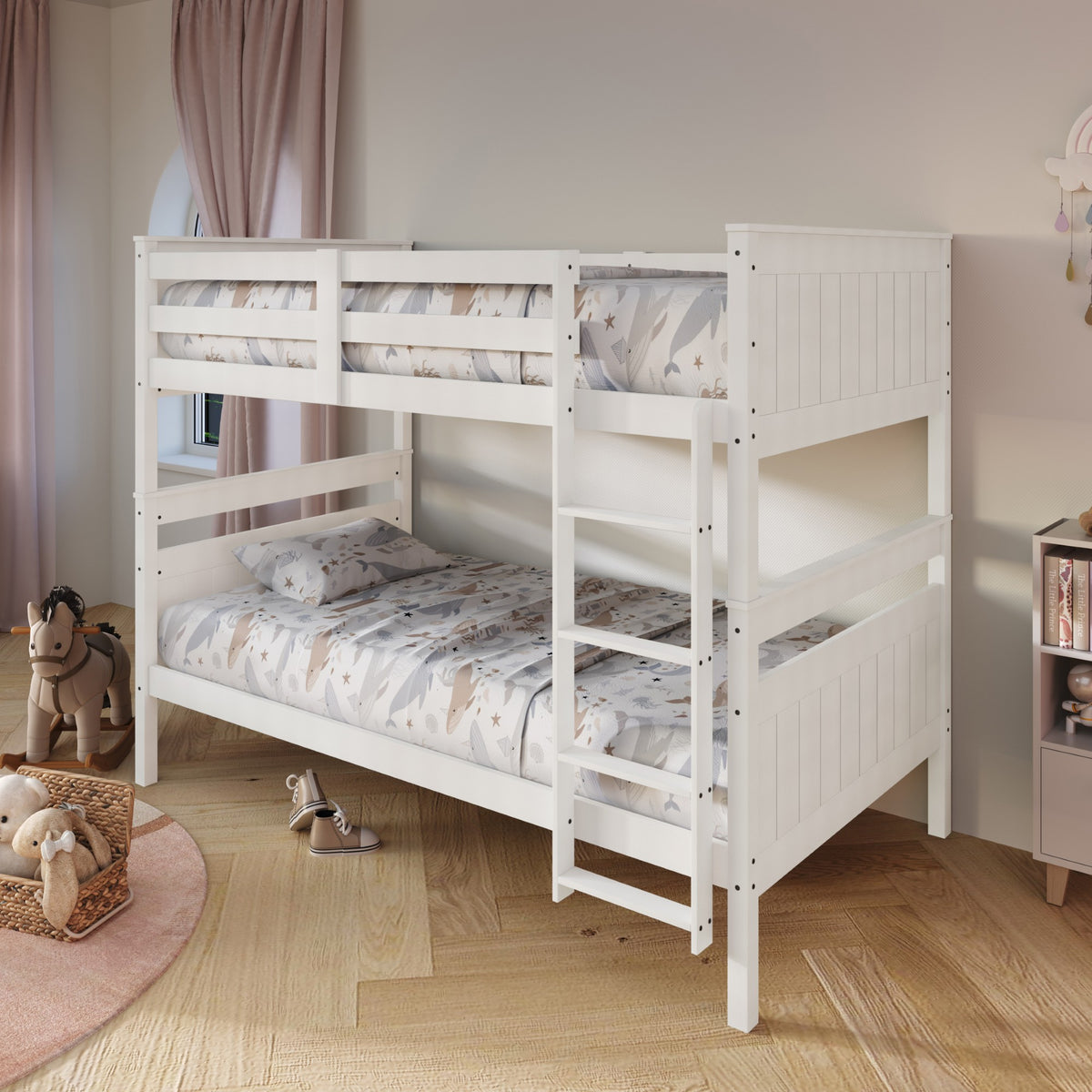 Home Design Lorain Twin Over Twin Solid Wood Bunk Bed with Sturdy Guardrails and Ladder, Easy Assembly