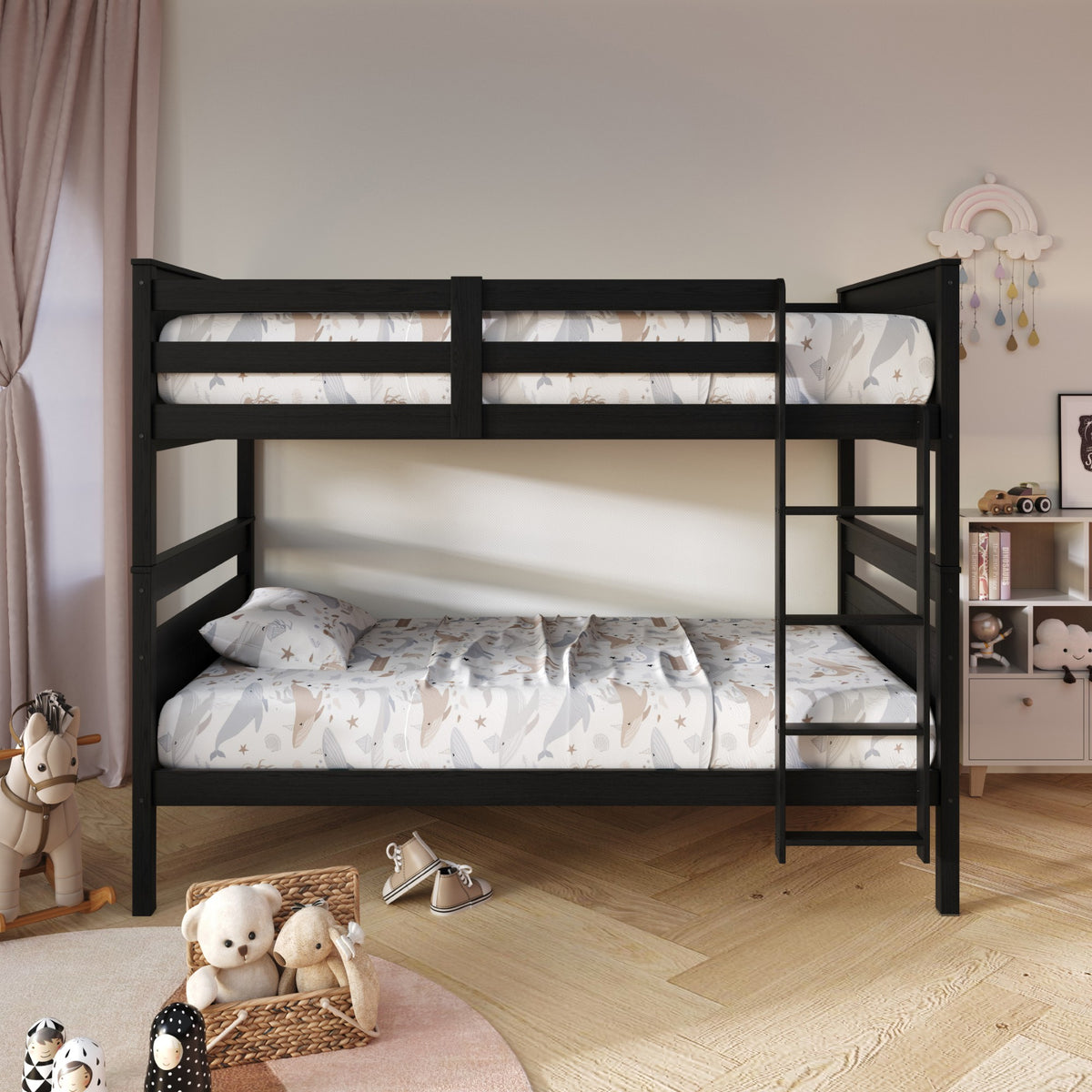 Home Design Lorain Twin Over Twin Solid Wood Bunk Bed with Sturdy Guardrails and Ladder, Easy Assembly