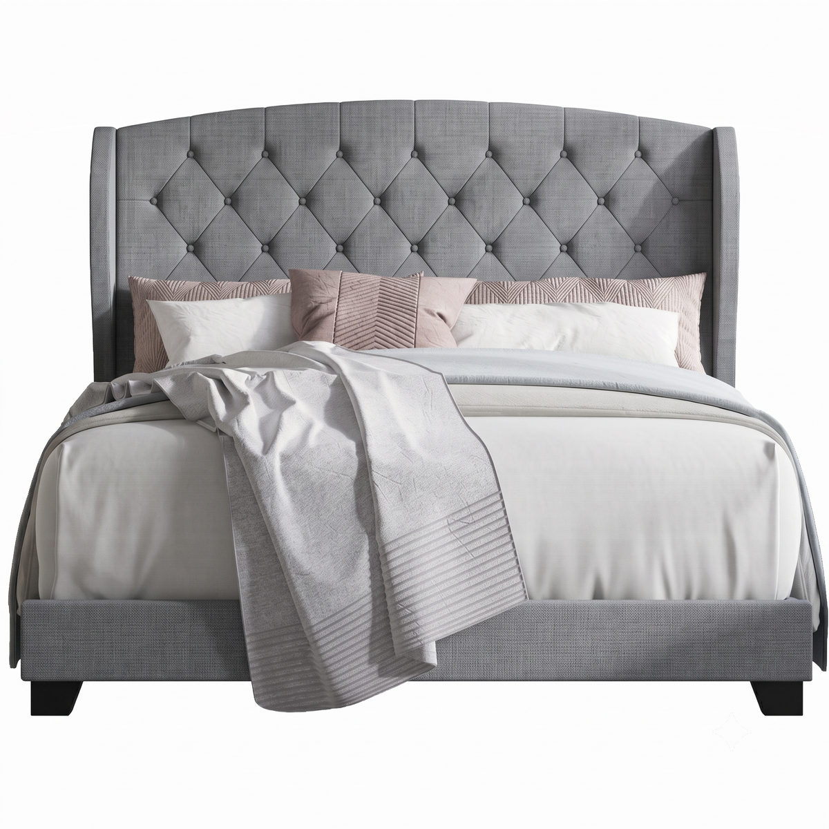 Natick Queen Upholstered Wingback Panel Bed Frame with Tufted Headboard