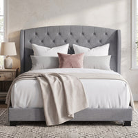 Natick Queen Upholstered Wingback Panel Bed Frame with Tufted Headboard