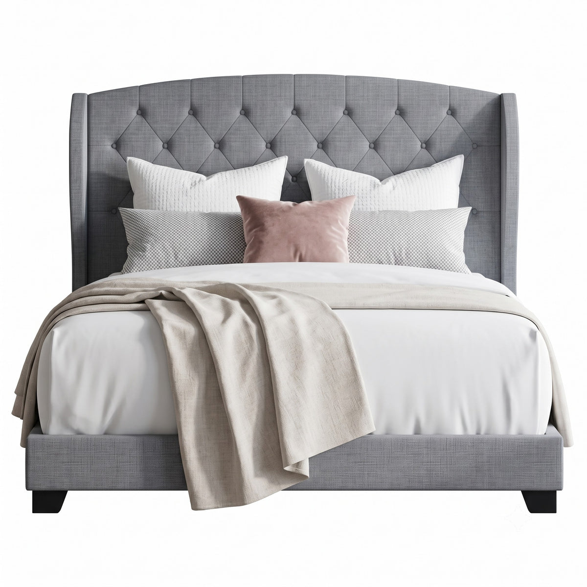 Natick Queen Upholstered Wingback Panel Bed Frame with Tufted Headboard