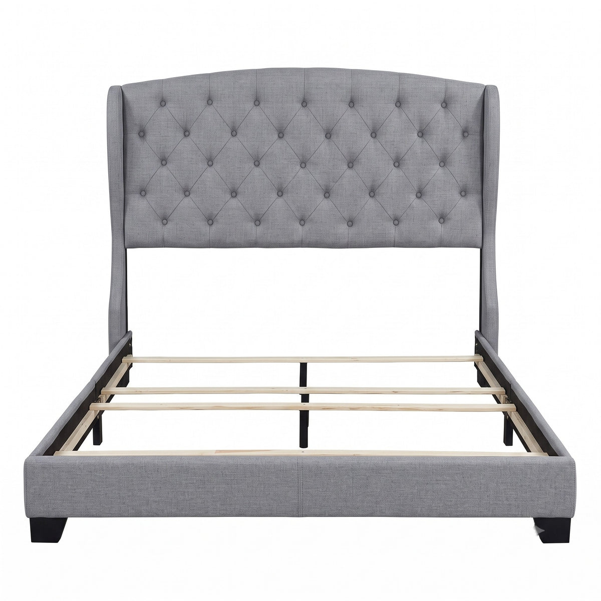 Natick Queen Upholstered Wingback Panel Bed Frame with Tufted Headboard