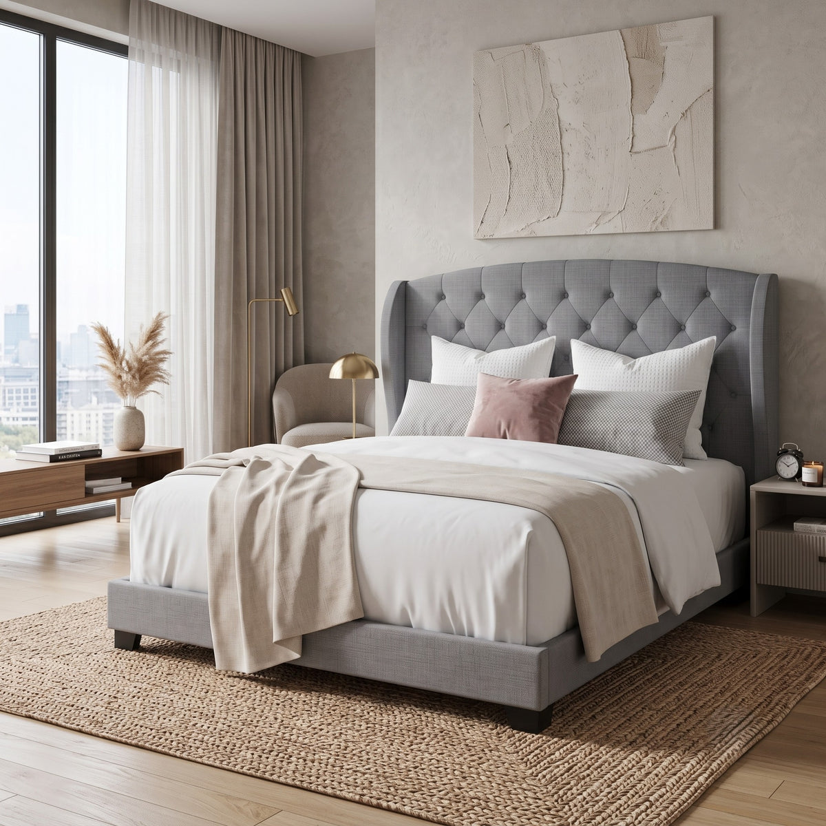 Natick Queen Upholstered Wingback Panel Bed Frame with Tufted Headboard