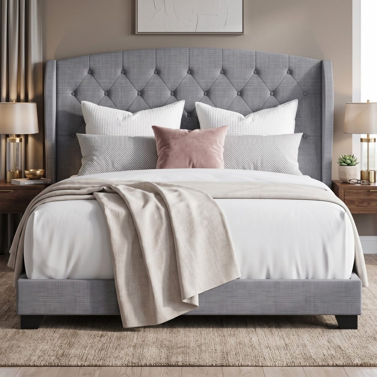 Natick Queen Upholstered Wingback Panel Bed Frame with Tufted Headboard