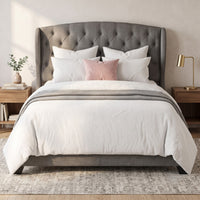 Natick Queen Upholstered Wingback Panel Bed Frame with Tufted Headboard