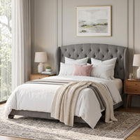 Natick Queen Upholstered Wingback Panel Bed Frame with Tufted Headboard