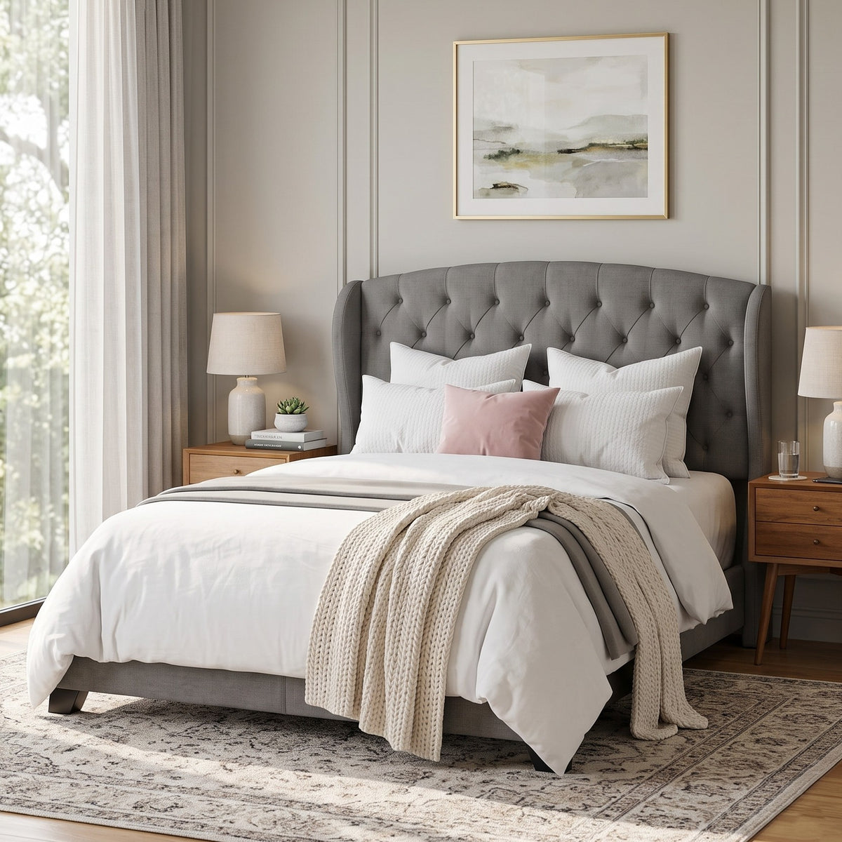 Natick Queen Upholstered Wingback Panel Bed Frame with Tufted Headboard