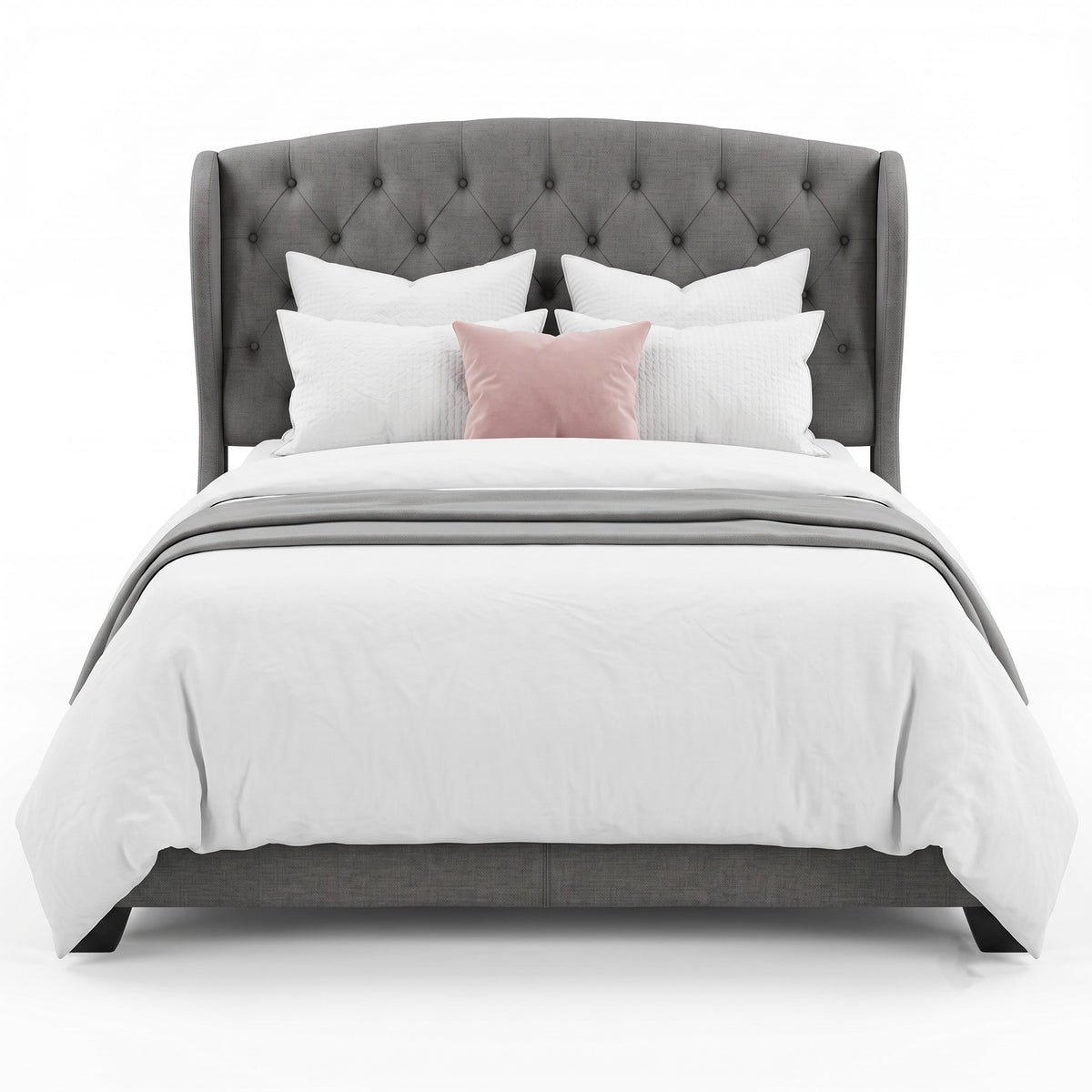 Natick Queen Upholstered Wingback Panel Bed Frame with Tufted Headboard
