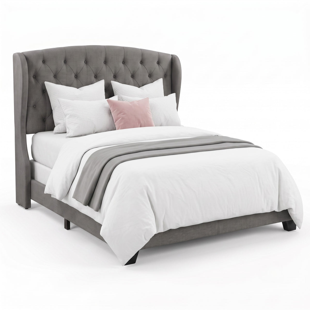 Natick Queen Upholstered Wingback Panel Bed Frame with Tufted Headboard