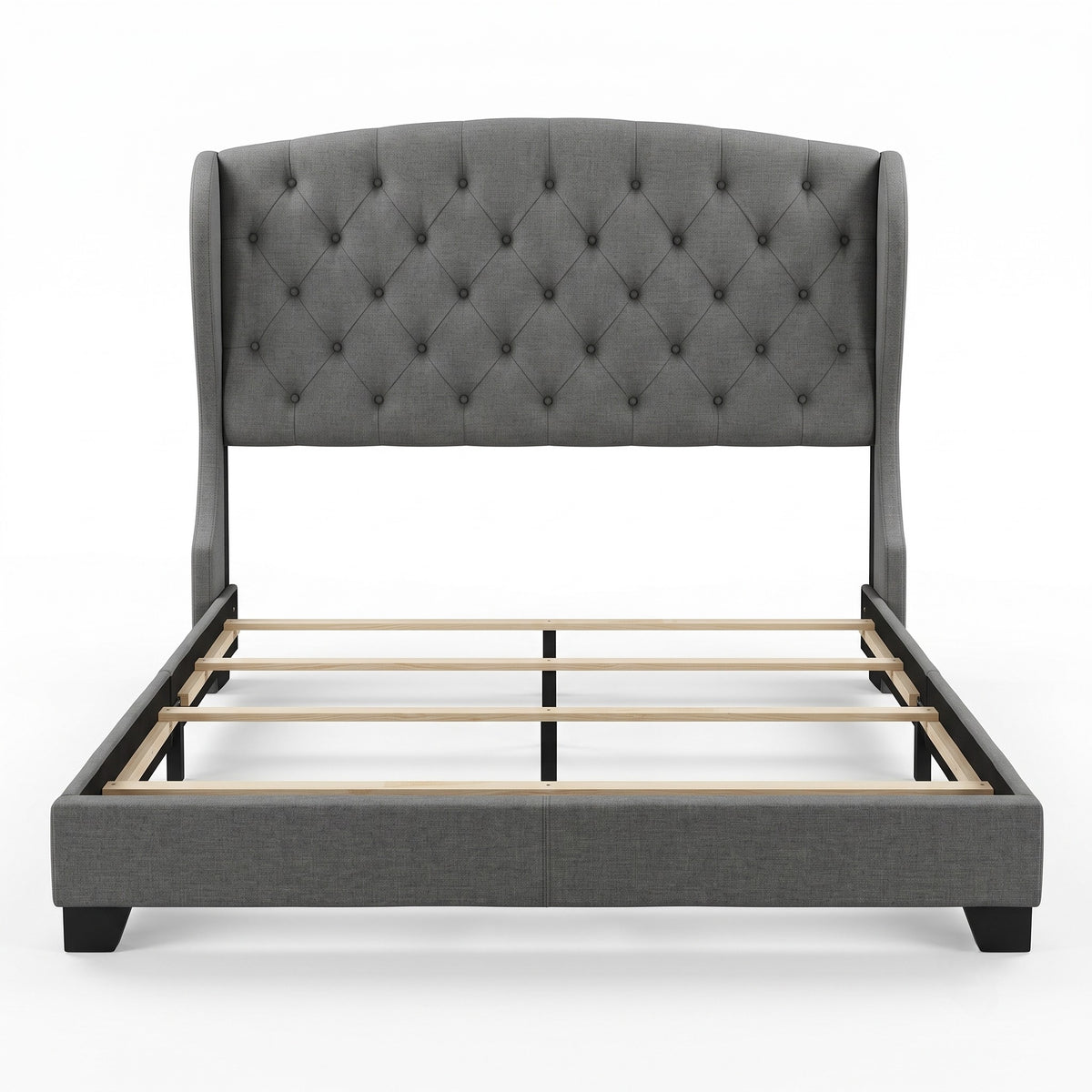 Natick Queen Upholstered Wingback Panel Bed Frame with Tufted Headboard