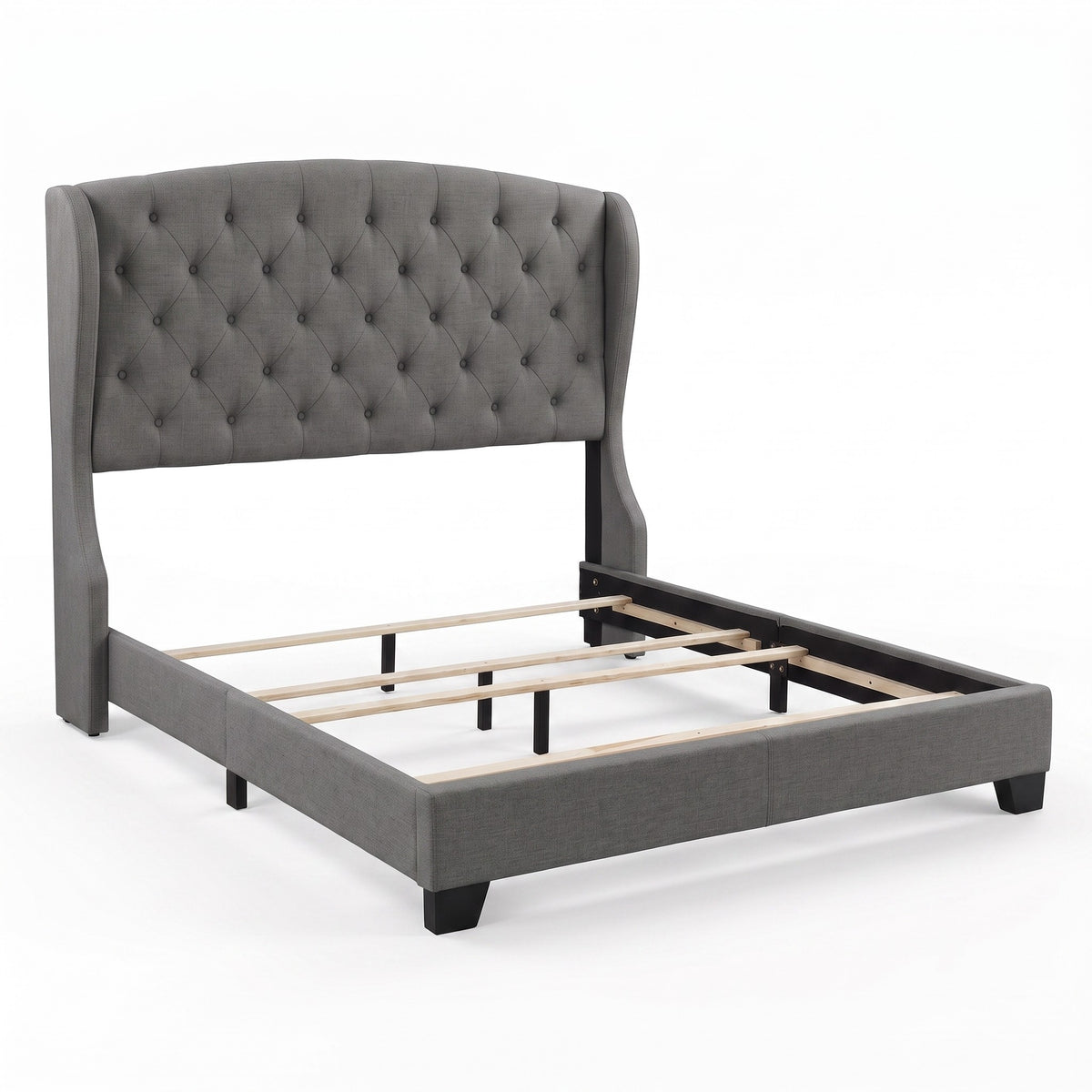 Natick Queen Upholstered Wingback Panel Bed Frame with Tufted Headboard