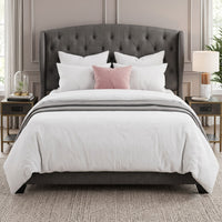 Natick Queen Upholstered Wingback Panel Bed Frame with Tufted Headboard