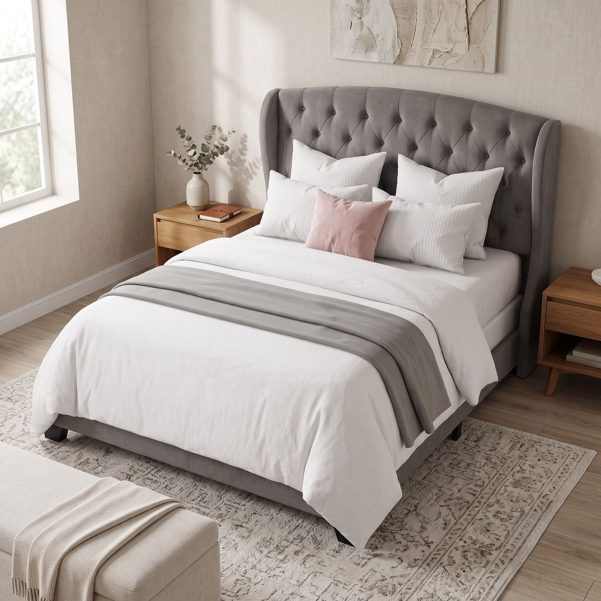 Natick Queen Upholstered Wingback Panel Bed Frame with Tufted Headboard