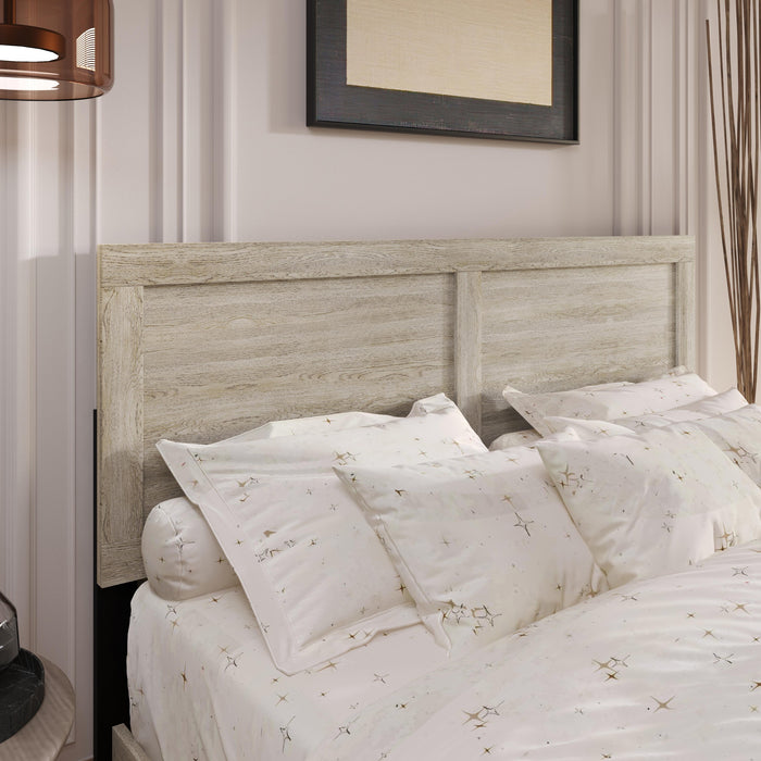 Home Design Yakima Modern Wood Panel Headboard with Adjustable Metal Legs – Contemporary Bedroom Headboard with Natural Wood Grain Finish & Sleek Black Steel Support