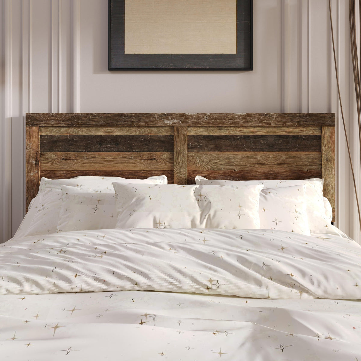 Home Design Yakima Modern Wood Panel Headboard with Adjustable Metal Legs – Contemporary Bedroom Headboard with Natural Wood Grain Finish & Sleek Black Steel Support