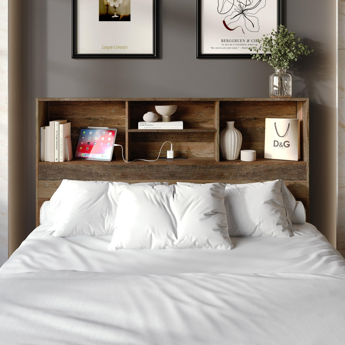 Home Design Pomona Freestanding Bookcase Storage Headboard with Shelves