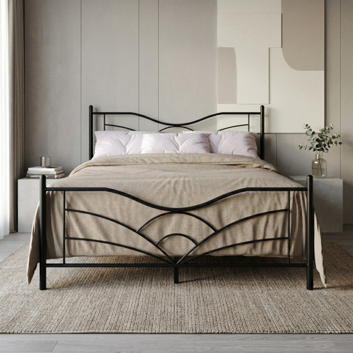 Home Design Enfield Classic Metal Platform Bed, Curved Headboard and Footboard, No Box Spring Needed