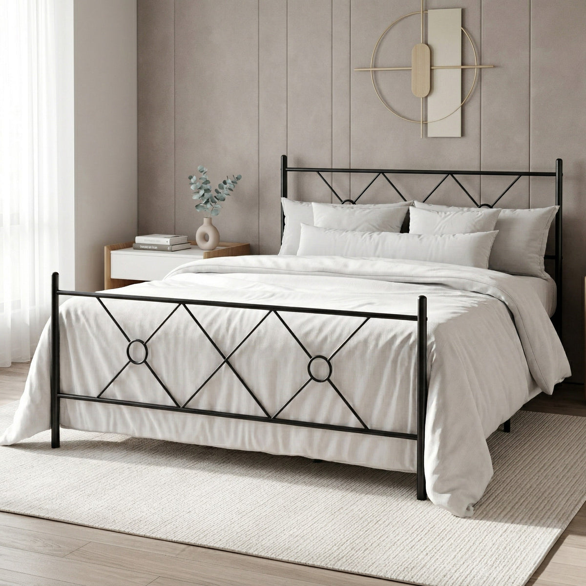 Home Design Marietta Modern Metal Bed, Diamond Pattern Design, No Box Spring Needed, Easy Assembly