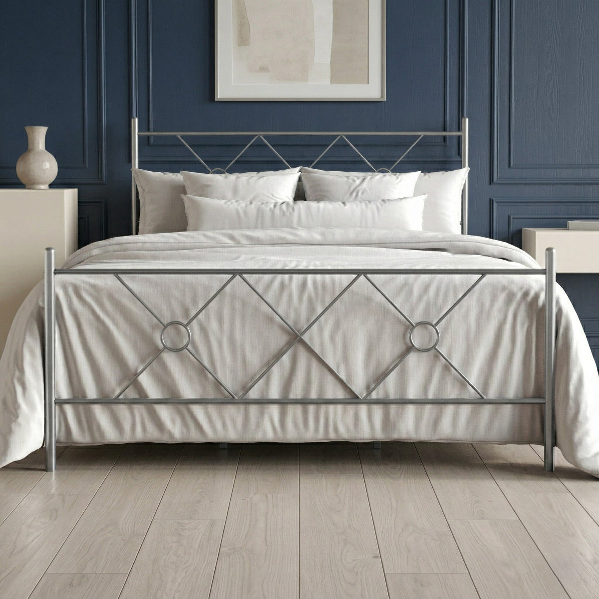 Home Design Marietta Modern Metal Bed, Diamond Pattern Design, No Box Spring Needed, Easy Assembly