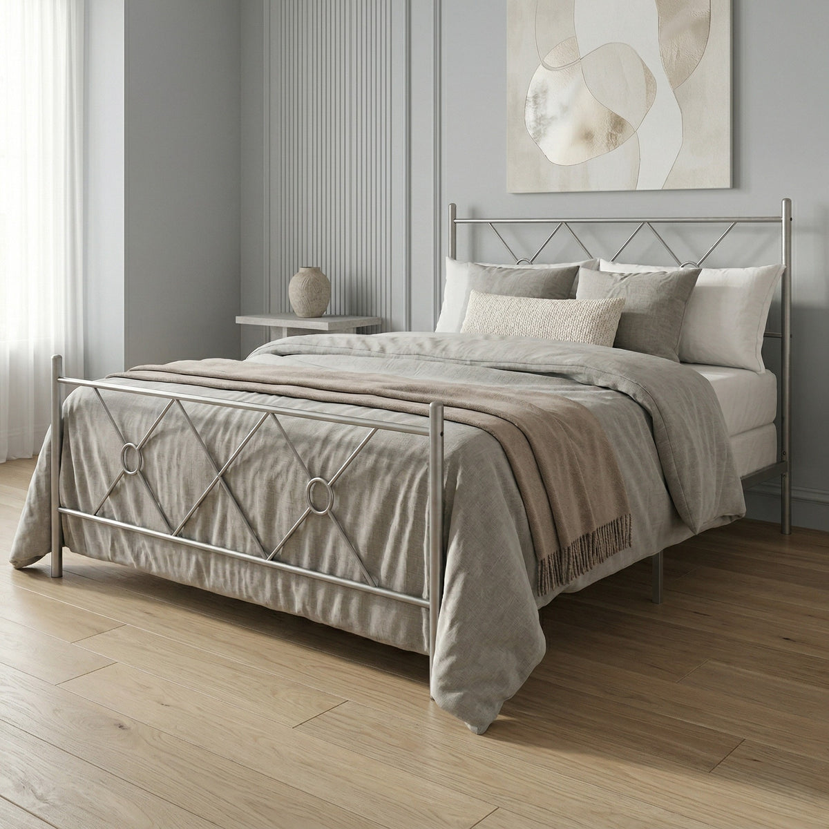 Home Design Marietta Modern Metal Bed, Diamond Pattern Design, No Box Spring Needed, Easy Assembly