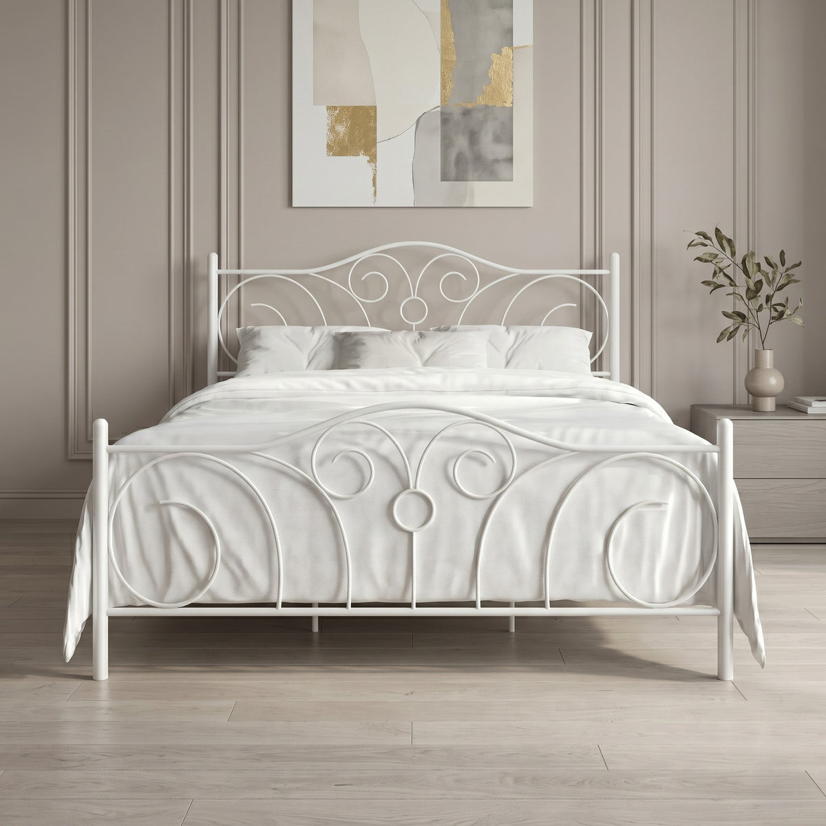 Home Design Amherst Classic Metal Bed Frame with Elegant Scroll Design Headboard & Footboard, No Box Spring Required