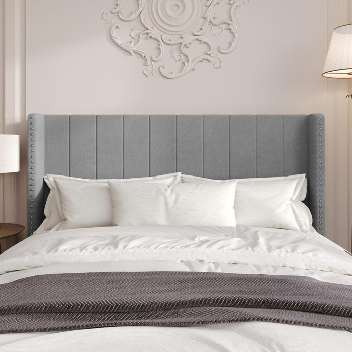 Home Design Ipswich Upholstered Wingback Headboard with Nailhead Trim, Modern Vertical Channel Tufting, Easy Assembly