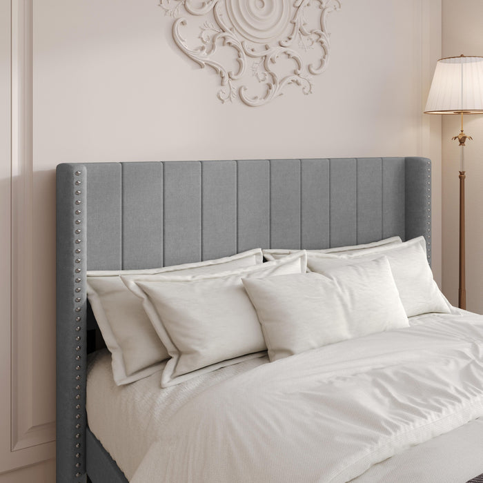 Home Design Ipswich Upholstered Wingback Headboard with Nailhead Trim, Modern Vertical Channel Tufting, Easy Assembly