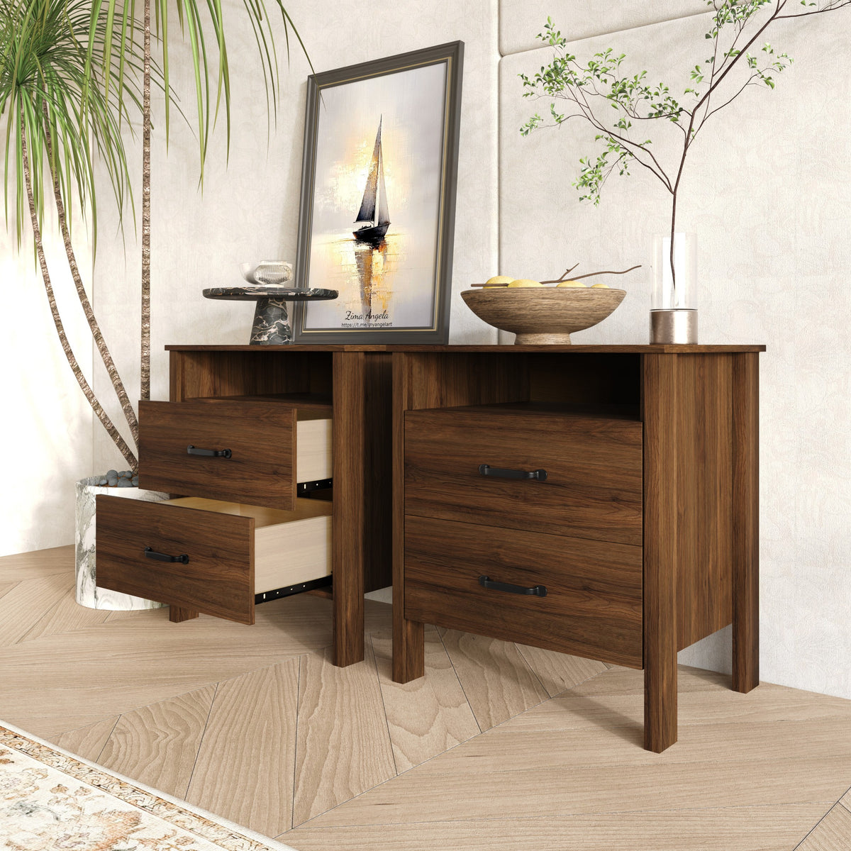 Alamosa Nightstand with Two Drawers and Open Shelf, Space-Saving Design (Set of 2)